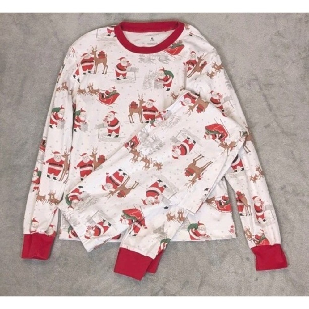Pottery Barn Kids Adult Small Christmas Pajama Set Santa Organic Cotton Reindeer